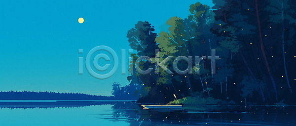 평화 휴식 사람없음 JPG 일러스트 나무 달 물결 반사 밤하늘 야경 여름(계절) 자연 저녁 파란색 풍경(경치) 호수
