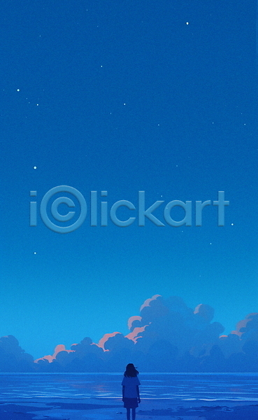 신비 평화 휴식 성인 성인여자한명만 여자 한명 JPG 일러스트 구름(자연) 반짝임 밤하늘 별 상반신 야경 여름(계절) 자연 파란색 풍경(경치) 호수