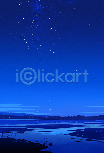 고요 평화 휴식 사람없음 JPG 일러스트 물결 밤하늘 별빛 야경 여름(계절) 자연 파란색 풍경(경치) 호수