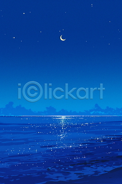 고요 신비 평화 휴식 사람없음 JPG 일러스트 달 바다 반사 밤하늘 야경 여름(계절) 자연 파란색 풍경(경치)