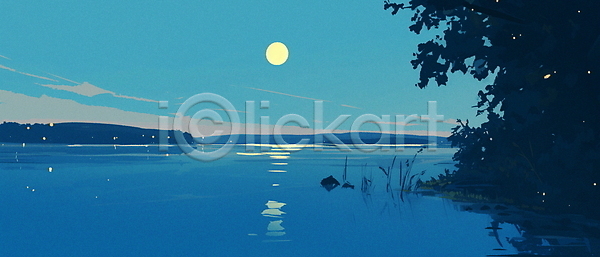 고요 신비 사람없음 JPG 일러스트 나무 달빛 반사 밤하늘 야경 여름(계절) 자연 파란색 풍경(경치) 호수