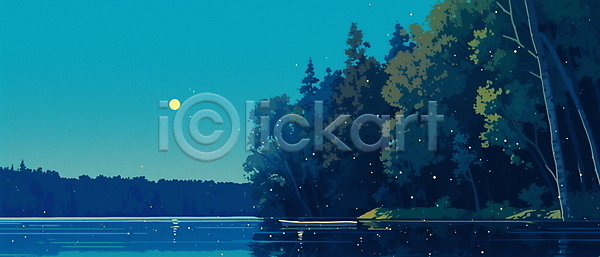 고요 여유 휴식 사람없음 JPG 일러스트 달 반사 밤하늘 야경 자연 조용함 파란색 풍경(경치) 호수