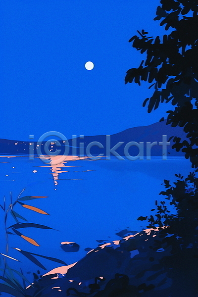 고요 신비 사람없음 JPG 일러스트 나무 달 반사 밤하늘 별빛 숲 야경 어둠 여름(계절) 잎 자연 파란색 풍경(경치) 호수