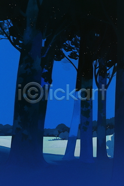 고요 신비 평화 사람없음 JPG 일러스트 나무 밤하늘 숲속 야경 어둠 여름(계절) 자연 파란색 풍경(경치)