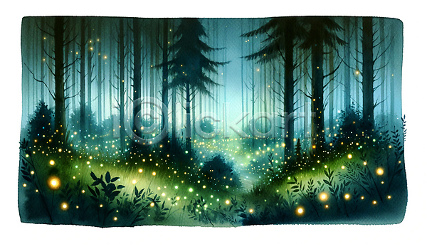 사람없음 JPG 일러스트 곤충 나무 반딧불이 빛 수채화(물감) 숲속 야경 야행 초록색 풍경(경치) 하늘