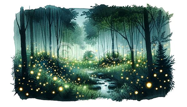 사람없음 JPG 일러스트 개울 곤충 나무 반딧불이 빛 수채화(물감) 숲속 야경 야행 초록색 풍경(경치) 하늘