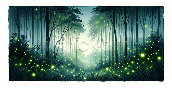 사람없음 JPG 일러스트 곤충 나무 반딧불이 빛 수채화(물감) 숲속 야경 야행 초록색 풍경(경치) 하늘