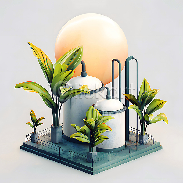 깨끗함 미래 사람없음 3D JPG 디지털합성 편집이미지 공장 그린에너지 디자인 모던 백그라운드 산업 시설 식물 잎 자연보호 추상 친환경 편집소스 화분