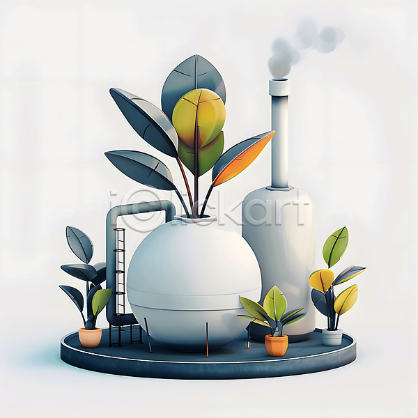 깨끗함 미래 사람없음 3D JPG 디지털합성 편집이미지 공장 그린에너지 디자인 모던 백그라운드 산업 시설 식물 잎 자연보호 추상 친환경 편집소스 화분