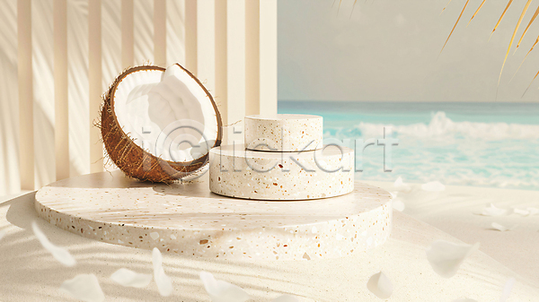 평화 사람없음 3D JPG 디지털합성 편집이미지 단면 단상 백그라운드 여름(계절) 코코넛 편집소스 포디움 해변 휴양지