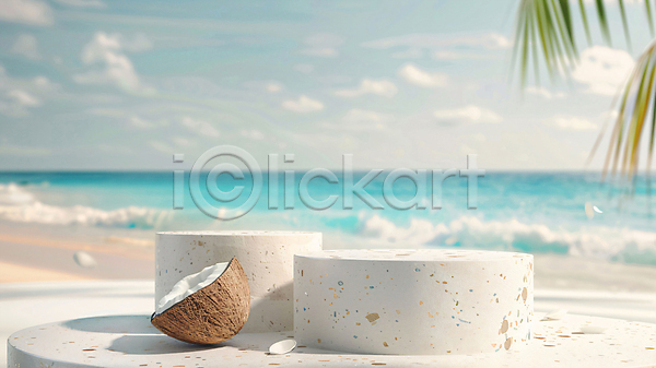 평화 사람없음 3D JPG 디지털합성 편집이미지 단면 단상 백그라운드 야자수 야자수잎 여름(계절) 코코넛 편집소스 포디움 해변 휴양지