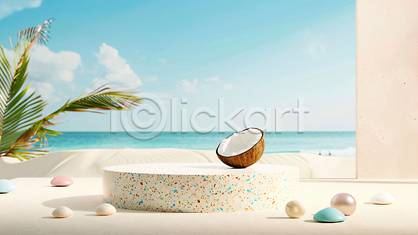 평화 사람없음 3D JPG 디지털합성 편집이미지 단면 단상 백그라운드 야자수 야자수잎 여름(계절) 코코넛 편집소스 포디움 해변 휴양지