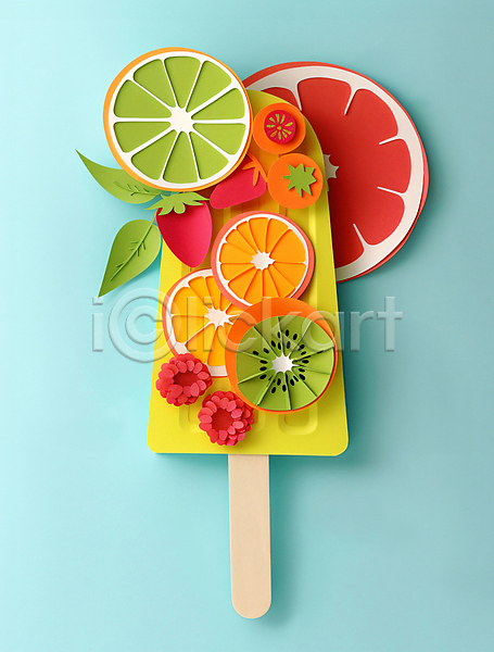 사람없음 JPG 편집이미지 과일 딸기 아이스크림 여름(계절) 오렌지 자몽 종이 키위 페이퍼아트 하늘색