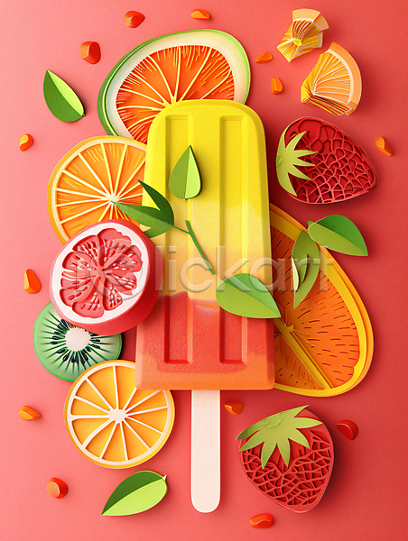 사람없음 JPG 편집이미지 과일 딸기 빨간색 아이스크림 여름(계절) 오렌지 잎 자몽 종이 키위 페이퍼아트