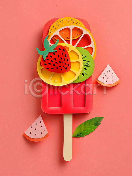 사람없음 JPG 편집이미지 과일 딸기 빨간색 아이스크림 여름(계절) 오렌지 자몽 종이 키위 페이퍼아트