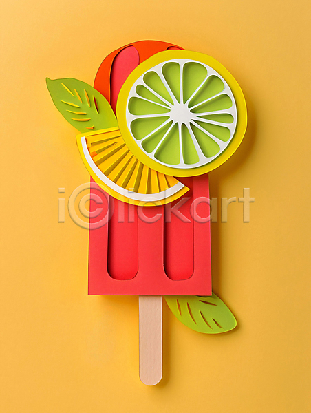 사람없음 JPG 편집이미지 과일 노란색 레몬 빨간색 아이스크림 여름(계절) 잎 종이 페이퍼아트