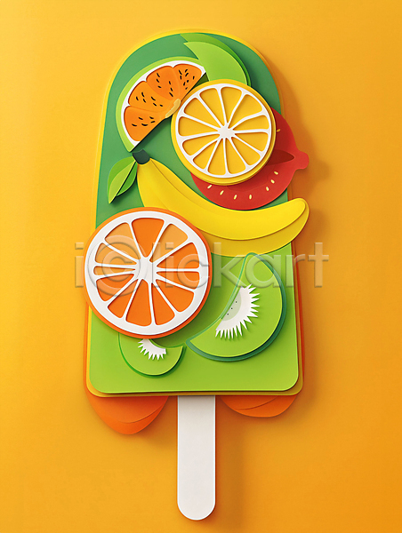 사람없음 JPG 편집이미지 과일 노란색 바나나 아이스크림 여름(계절) 오렌지 종이 키위 페이퍼아트