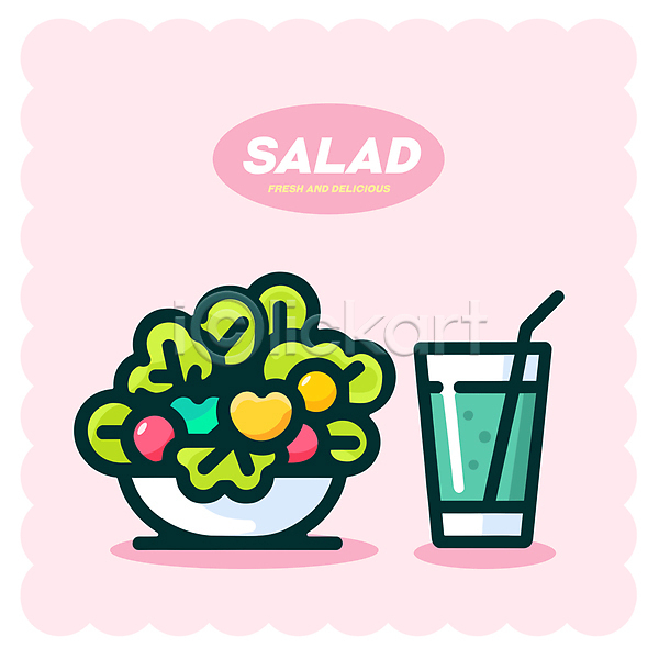 사람없음 AI(파일형식) 일러스트 건강 건강식 그릇 다이어트 방울토마토 분홍색 빨대 샐러드 식사 양상추 잔 주스 채식