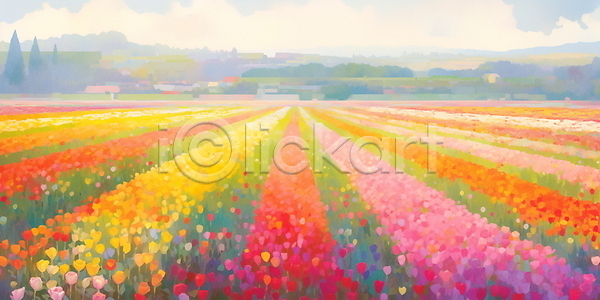사람없음 JPG 일러스트 꽃밭 마을 봄 산 자연 튤립 풍경(경치) 햇빛