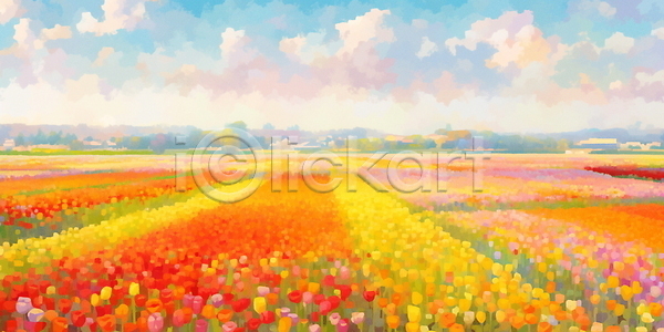 사람없음 JPG 일러스트 꽃밭 노란색 봄 자연 튤립 풍경(경치) 햇빛