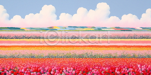 사람없음 JPG 일러스트 구름(자연) 꽃밭 봄 색감 자연 튤립 풍경(경치)
