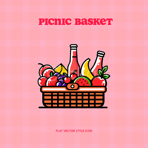 사람없음 AI(파일형식) 아이콘 바나나 병(담는) 분홍색 사과 소풍 소풍바구니 수박 음료 잎 체리 체크무늬 포도
