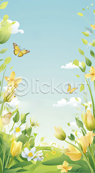 사람없음 JPG 편집이미지 구름(자연) 꽃봉오리 나비 동산 봄꽃 잎 카피스페이스 프레임 하늘 합성