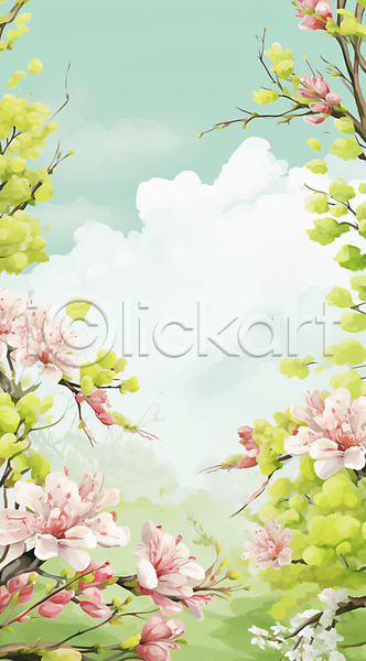 사람없음 JPG 편집이미지 구름(자연) 꽃나무 나뭇가지 봄꽃 잎 카피스페이스 프레임 하늘 합성
