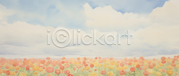 사람없음 JPG 일러스트 구름(자연) 꽃밭 봄꽃 수채화(물감) 장미 풍경(경치) 하늘