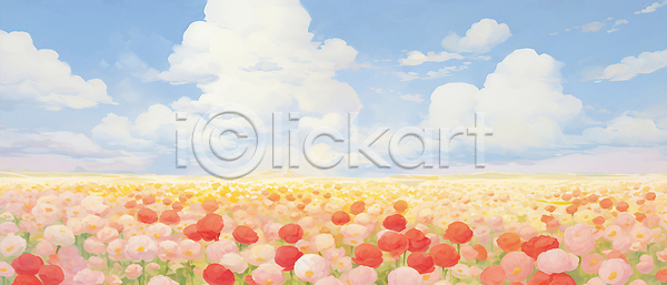 사람없음 JPG 일러스트 구름(자연) 꽃밭 봄꽃 수채화(물감) 장미 풍경(경치) 하늘