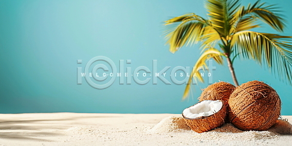 사람없음 PSD 편집이미지 고립 단면 모래사장 무인도 야자수 여름(계절) 열대 열매 코코넛 코코넛과육 힐링