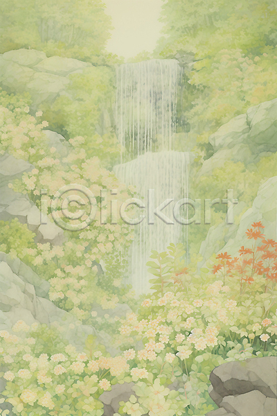 사람없음 PSD 일러스트 계곡 꽃 바위 백그라운드 수채화(물감) 숲속 연두색 자연 폭포 풍경(경치)