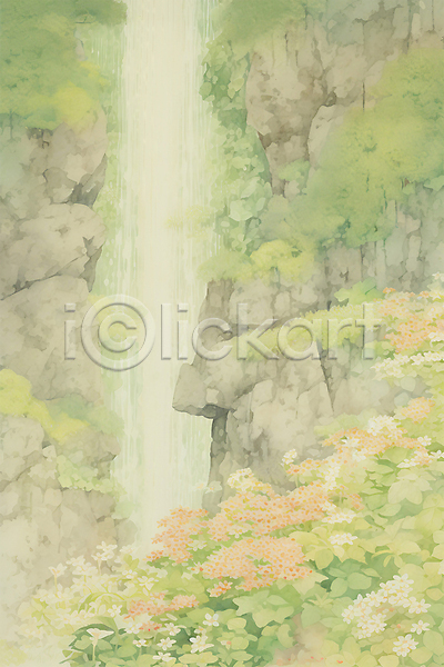 사람없음 PSD 일러스트 계곡 꽃 바위 백그라운드 수채화(물감) 숲속 연두색 자연 폭포 풍경(경치)