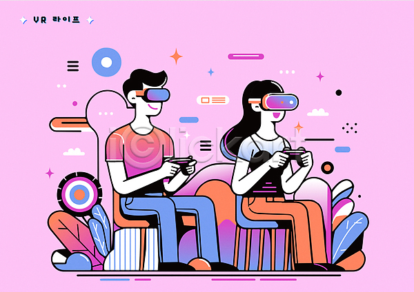 미래 즐거움 남자 두명 성인 성인만 여자 AI(파일형식) 일러스트 VR기기 가상공간 가상현실 게임콘트롤러 과학 과학기술 디지털산업 라이프스타일 분홍색 앉기 의자 전신 정보기술 커플
