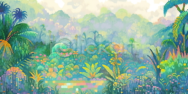 사람없음 JPG 편집이미지 꽃 백그라운드 숲 야자수 야자수잎 여름(계절) 열대우림 자연 점묘화 초록색 트로피컬아트
