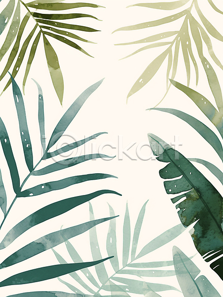 사람없음 JPG 일러스트 나뭇잎 미술 수채화(물감) 여름(계절) 열대 자연 질감 초록색 카피스페이스 트로피컬아트
