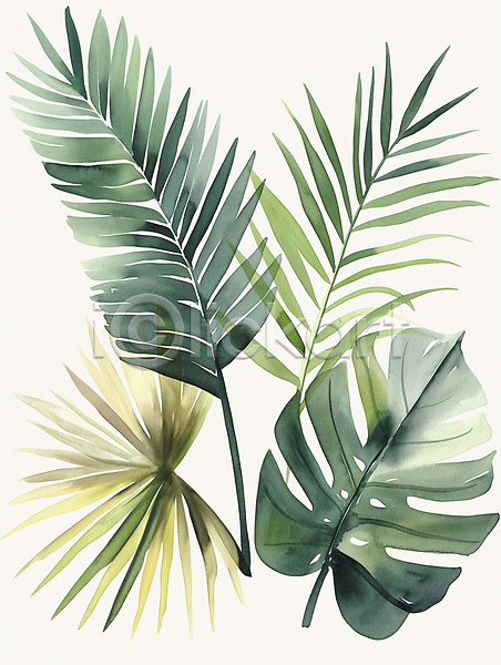 사람없음 JPG 일러스트 나뭇잎 미술 수채화(물감) 여름(계절) 열대 자연 질감 초록색 트로피컬아트
