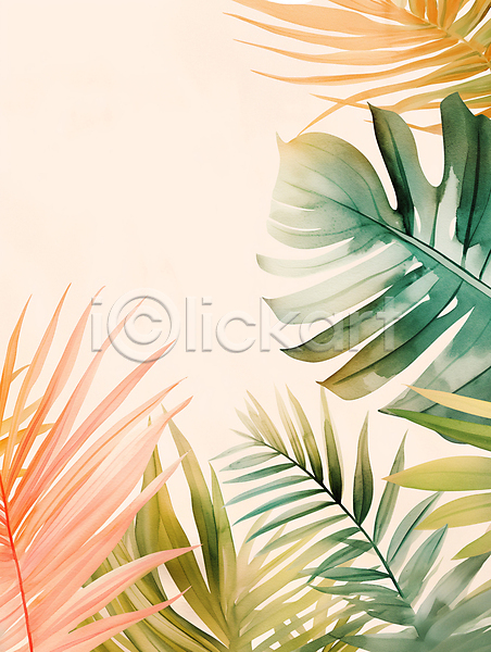 사람없음 JPG 일러스트 나뭇잎 미술 수채화(물감) 여름(계절) 열대 자연 질감 카피스페이스 트로피컬아트