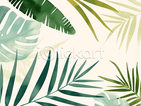 사람없음 JPG 일러스트 나뭇잎 미술 수채화(물감) 여름(계절) 열대 자연 질감 초록색 카피스페이스 트로피컬아트