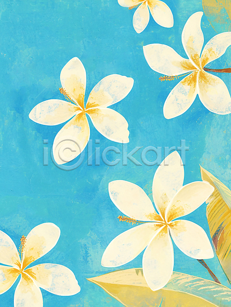 사람없음 JPG 일러스트 물감 붓터치 여름(계절) 열대 잎 질감 카피스페이스 트로피컬아트 파란배경 플루메리아 흰색