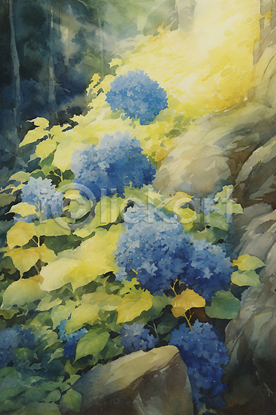 사람없음 JPG 일러스트 나무 바위 백그라운드 붓터치 산수국 수채화(물감) 숲 잎 자연 질감 파란색 포스터 풍경(경치)