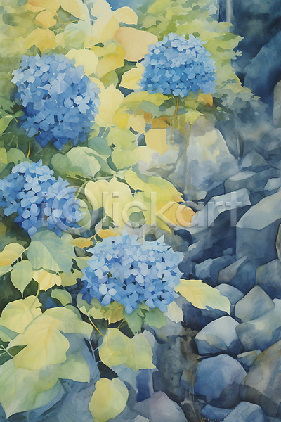 사람없음 JPG 일러스트 바위 백그라운드 붓터치 산수국 수채화(물감) 숲 잎 자연 질감 파란색 포스터 풍경(경치)