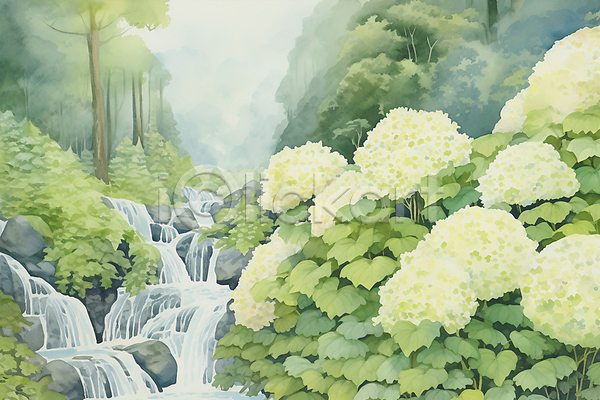 사람없음 JPG 일러스트 계곡 나무 바위 백그라운드 붓터치 산수국 수채화(물감) 숲 잎 자연 질감 초록색 포스터 풍경(경치)
