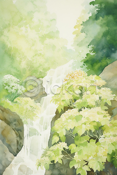 사람없음 JPG 일러스트 계곡 나무 바위 백그라운드 붓터치 산수국 수채화(물감) 숲 잎 자연 질감 초록색 포스터 풍경(경치)