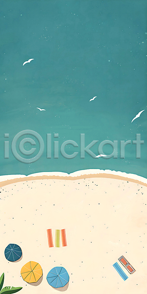 사람없음 PSD 일러스트 갈매기 모래사장 백그라운드 비치타올 야자수잎 여름(계절) 자연 파라솔 파란색 풍경(경치) 해변 해수욕장