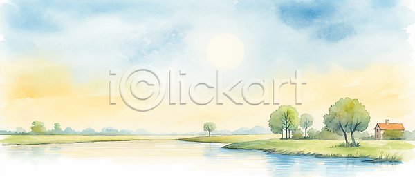 사람없음 JPG 일러스트 구름(자연) 나무 백그라운드 붓터치 수채화(물감) 숲 여름(계절) 자연 잔디 주택 질감 초원(자연) 포스터 풍경(경치) 하늘 햇빛 호수