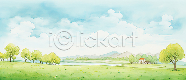 사람없음 JPG 일러스트 구름(자연) 나무 백그라운드 붓터치 산 수채화(물감) 숲 여름(계절) 자연 잔디 주택 질감 초원(자연) 포스터 풍경(경치) 하늘 호수