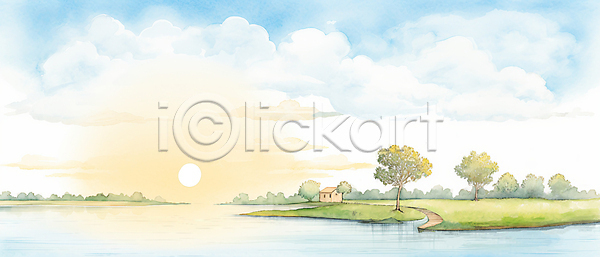 사람없음 JPG 일러스트 구름(자연) 나무 백그라운드 붓터치 수채화(물감) 숲 여름(계절) 자연 잔디 주택 질감 초원(자연) 포스터 풍경(경치) 하늘 햇빛 호수