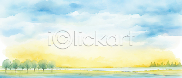사람없음 JPG 일러스트 구름(자연) 나무 백그라운드 붓터치 수채화(물감) 여름(계절) 자연 잔디 질감 초원(자연) 포스터 풍경(경치) 하늘 호수