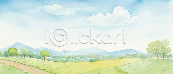 사람없음 JPG 일러스트 구름(자연) 길 나무 백그라운드 붓터치 수채화(물감) 숲 여름(계절) 자연 잔디 질감 초원(자연) 포스터 풍경(경치) 하늘